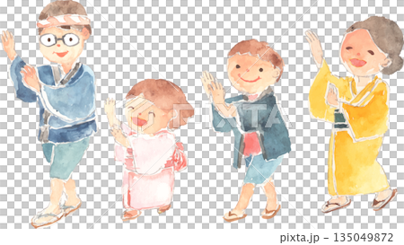 盆踊りを踊る家族の水彩イラスト　ベクター 135049872