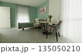 Modern minimalistic bedroom with green walls, floral chairs, and cozy atmosphere. Beds beside large window with sheer curtains letting in light. Stylish table setting with flowers enhancing the room's 135050210