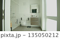 Contemporary bathroom with wheelchair accessible shower and modern vanity. White tiles and natural light create clean and bright space. Design includes accessible features for ease of use. 135050212
