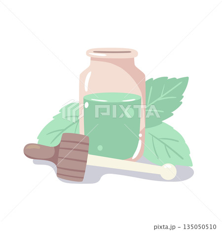 Cool mint or eucalyptus oil with lush green leaves. A refreshing design for respiratory wellness and invigorating spa rituals. Cool mint or eucalyptus oil with lush green leaves. A refreshing design for respiratory wellness and invigorating spa rituals. 135050510