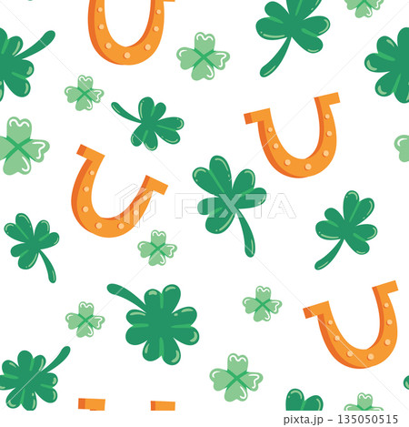 Lucky horseshoes and vibrant green shamrocks scatter across a white background in this festive seamless pattern perfect for Irish holiday decor. Lucky horseshoes and vibrant green shamrocks scatter across a white background in this festive seamless pattern perfect for Irish holiday decor. 135050515