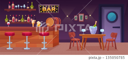 Bar interior. Cartoon pub with wooden counter, drinks, table and tale stools. Evening meeting place for drinking with friends or dating. Beer barrel, nowaday vector scene Bar interior. Cartoon pub with wooden counter, drinks, table and tale stools. Evening meeting place for drinking with friends or dating. Beer barrel, nowaday vector scene 135050785