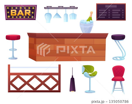 Cartoon bar furniture. Pub interior accessories, metal wooden with ice cubes, tale stools, sign. Different glasses for cocktails, wooden counter, nowaday vector elements Cartoon bar furniture. Pub interior accessories, metal wooden with ice cubes, tale stools, sign. Different glasses for cocktails, wooden counter, nowaday vector elements 135050786