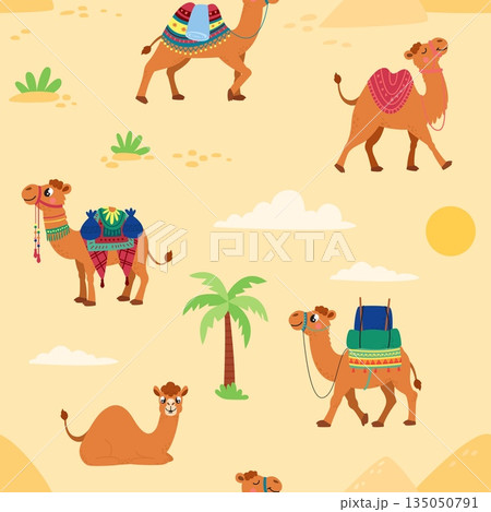 Camels seamless pattern. Cartoon camel with decorative carpets, saddles, transporting things. Funny animals print for fabric, textile, classy vector background 135050791