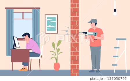 Home repair noise. Male character cant working at apartment from drill noisy. Neighborhood, neighbor repairman. Student is being prevented from studying, recent vector scene Home repair noise. Male character cant working at apartment from drill noisy. Neighborhood, neighbor repairman. Student is being prevented from studying, recent vector scene 135050795