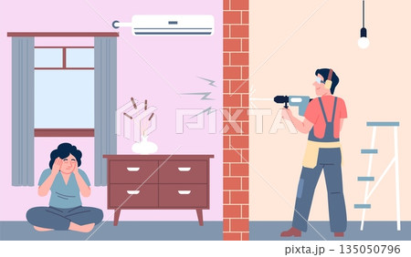 Apartment repair noise. Young woman and neighbor repairman. Female covering her ears from drill noisy. Urban lifestyle, modern city louds, recent vector scene Apartment repair noise. Young woman and neighbor repairman. Female covering her ears from drill noisy. Urban lifestyle, modern city louds, recent vector scene 135050796