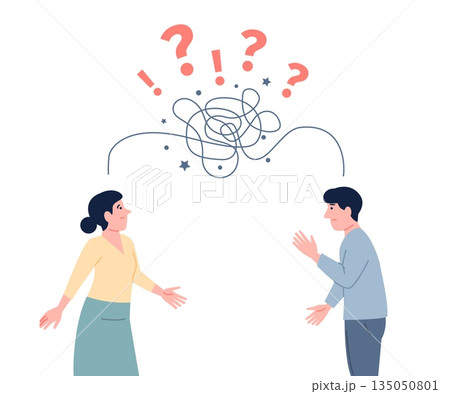 Problems communicating with colleagues. Business people misunderstanding, messy communication line. Confusion, conflicts and problems, recent vector scene 135050801