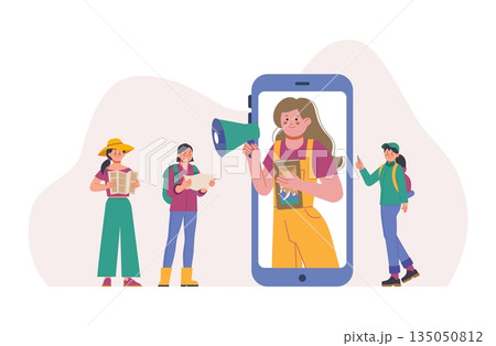 Smartphone guide app for tourists. Audio guide or travel consultant, digital support in leisure, vacation, tourism. Help center, excursion in phone, vector concept Smartphone guide app for tourists. Audio guide or travel consultant, digital support in leisure, vacation, tourism. Help center, excursion in phone, vector concept 135050812