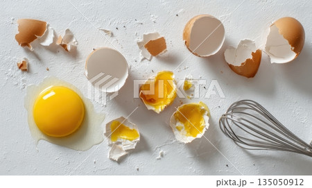 Broken eggs and a whisk on a table Broken eggs and a whisk on a table 135050912