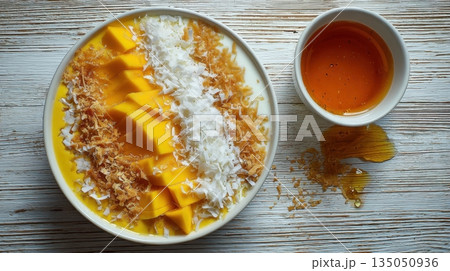 Mango coconut dessert on table Mango coconut dessert on table 135050936