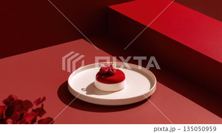Raspberry dessert on red Raspberry dessert on red 135050959