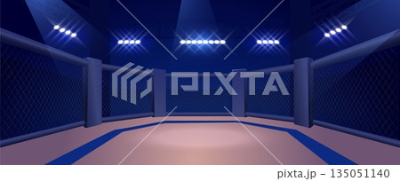 An empty MMA sports ring with a fenced arena and floodlights. An empty MMA sports ring with a fenced arena and floodlights. 135051140