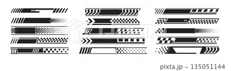 Racing stripes, race start and finish flag, black and white checkers, checkered flag sport car decal stripes vector set Racing stripes, race start and finish flag, black and white checkers, checkered flag sport car decal stripes vector set 135051144