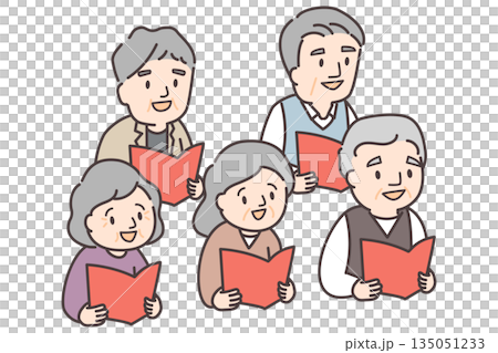 五位老人正在享受朗讀和唱歌的場景。 135051233