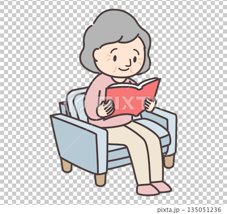 ソファに座って読書をする高齢女性のイラスト 135051236