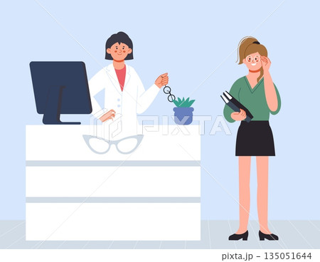 Young woman chooses glasses at optical store. Ophthalmologist, female trying on glasses. Sales consultant and buyer, student or office worker, vector scene 135051644