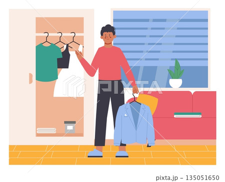 Guy hangs jacket in closet. Wardrobe, family clothes storage in living room. Man cleaning in home or apartment. Flat modern illustration with male vector scene Guy hangs jacket in closet. Wardrobe, family clothes storage in living room. Man cleaning in home or apartment. Flat modern illustration with male vector scene 135051650