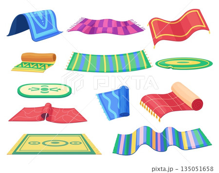Cartoon cozy carpets. Various floor rugs with different patterns. Home mats for living room, bathroom or hallway. Decorative carpet, nowaday vector set 135051658