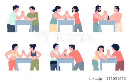 Arm wrestling sport. Armwrestling competition, male female athletes compete. Sporty people in workout uniform training, fight with each other, recent vector set Arm wrestling sport. Armwrestling competition, male female athletes compete. Sporty people in workout uniform training, fight with each other, recent vector set 135051666