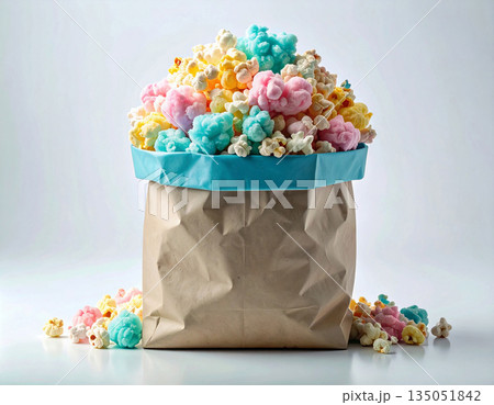 Cinema blogs. Bright food for movie theaters. Popcorn and cotton candy in a paper bag. Cinema blogs. Bright food for movie theaters. Popcorn and cotton candy in a paper bag. 135051842