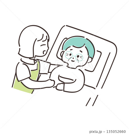 高齢者介護の日常シーン 手描きイラスト 体を起こす介助をする女性介護士 高齢者介護の日常シーン 手描きイラスト 体を起こす介助をする女性介護士 135052660