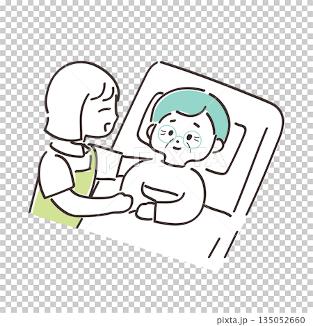 高齢者介護の日常シーン 手描きイラスト 体を起こす介助をする女性介護士 高齢者介護の日常シーン 手描きイラスト 体を起こす介助をする女性介護士 135052660
