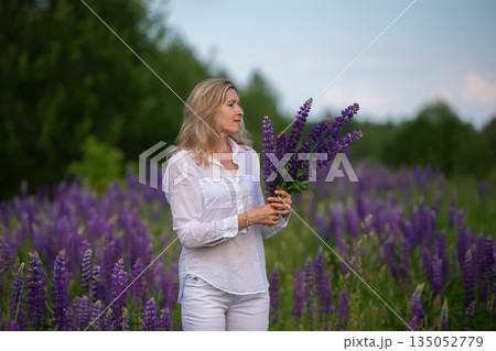 Woman holding fresh lupine flowers in a blooming field during daytime 135052779