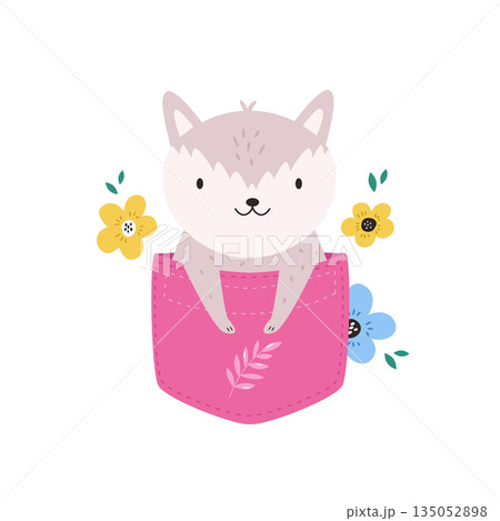 Cute Baby Fox in Pink Pocket Cartoon Woodland Animal Vector Illustration for Kids 135052898