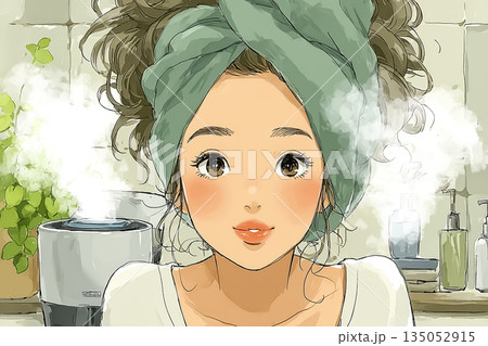 美優シリーズ：フェイシャルスチームを浴びる若い女性｜自宅美容・スチーム美容ケアのイメージ 135052915