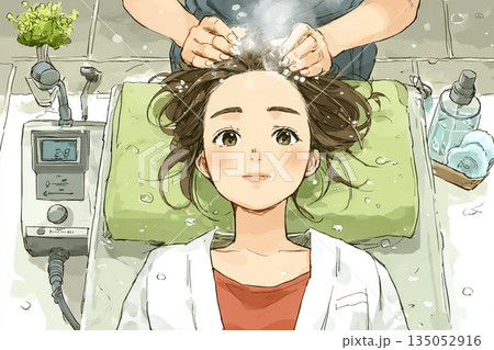 美優シリーズ：フェイシャルスチーム施術の俯瞰イメージ｜美容機器とスチームケアの説明素材 135052916