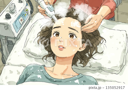 美優シリーズ：スチーム美容を受ける女性の顔アップ｜毛穴ケア・保湿イメージ素材 135052917