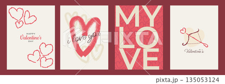 Valentine's Day Card or Poster Set with Hand Drawn Hearts, Arrows, and Love Patterns Valentine's Day Card or Poster Set with Hand Drawn Hearts, Arrows, and Love Patterns 135053124
