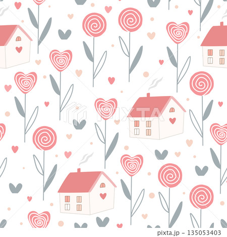 Valentine day seamless with lollypop heart shape flowers and cute houses. Vector illustration, romantic background 135053403