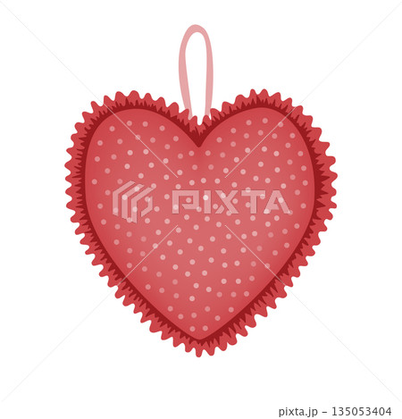 Hand made textile heart with cute ruffles, vector isolated illustration. Textile handicraft heart decoration on white background. Valentines Day design element Hand made textile heart with cute ruffles, vector isolated illustration. Textile handicraft heart decoration on white background. Valentines Day design element 135053404