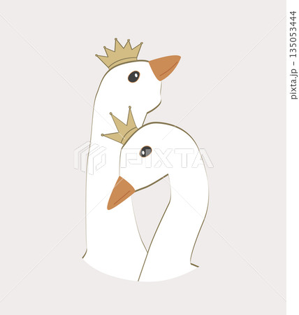 Goose Hugs couple in golden crowns. Royal geese couple. Greeting Valentine day, wedding or romantic card design element. Isolated vector illustration. 135053444