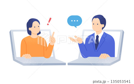オンラインサポートを受ける顧客。疑問が解決して納得する女性のイラスト素材。 135053541