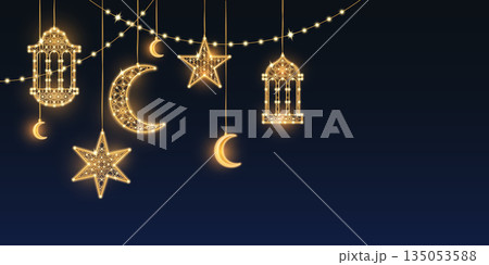 Eid Ramadan lights garland on dark blue background 135053588