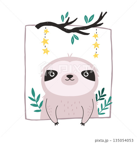 Happy Baby Sloth in Floral Frame Cartoon Nature Vector Illustration for Kids 135054053