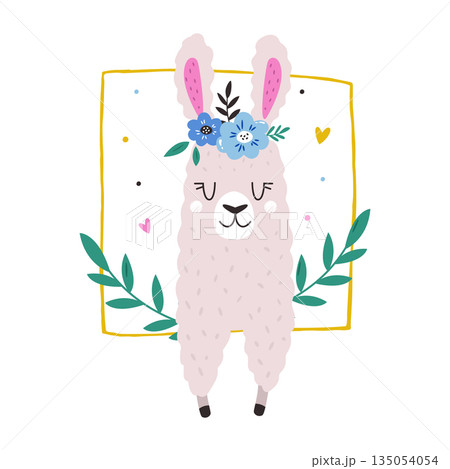 Adorable Pink Llama Character with Floral Crown Cartoon Vector Illustration for Kids 135054054