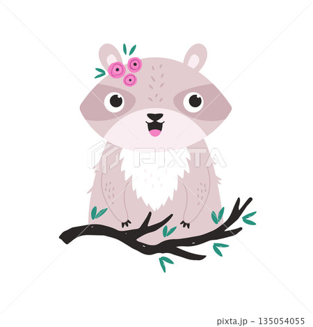 Cute Raccoon on Tree Branch. Cartoon Woodland Animal Vector Illustration for Kids 135054055