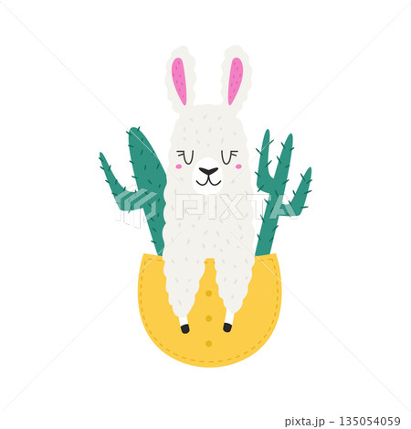Adorable Alpaca Character with Green Cactus. Vector Illustration for Kids 135054059