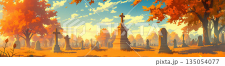 秋の紅葉と墓地、アニメ風 135054077