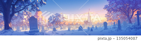 冬の朝の墓地、アニメ風 135054087