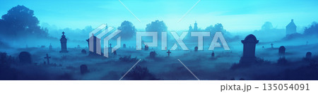 薄暗い霧の墓地、アニメ風 135054091