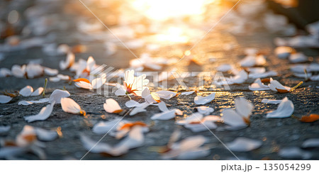 Delicate Cherry Blossom Petals Gently Falling in Soft Sunlight, Spring Bloom, Serene Floral Background 135054299