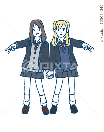 ピーズサインをする女子高生ギャルのイラスト ピーズサインをする女子高生ギャルのイラスト 135054340