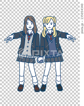 Illustration of a high school girl gal making a 'peace' sign 135054340