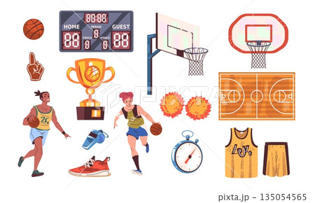 Cartoon basketball elements. Sport game ball in basket hoop, basketball player equipment whistle gym court tournament scoreboard uniforms sneakers, set classy vector illustration 135054565