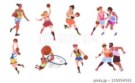 Basketball players. Athletes sport uniform playing game throwing ball in basket, man woman players defense offense play isolated cartoon characters set classy vector illustration 135054591