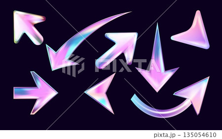 3d holographic arrows. Realistic hologram arrow, mouse cursor click button abstract y2k icon neon purple up down left right pointer holo glass element, exact vector illustration 3d holographic arrows. Realistic hologram arrow, mouse cursor click button abstract y2k icon neon purple up down left right pointer holo glass element, exact vector illustration 135054610